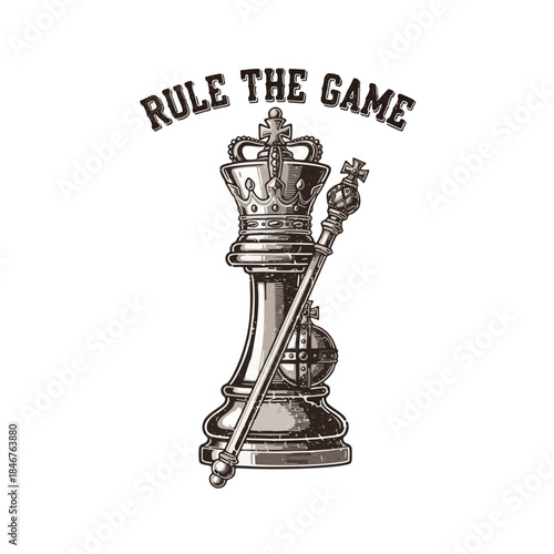 Illustration of a chess king piece with a scepter, symbolizing power, strategy, and winning in a game or competition