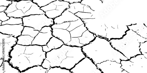 High-resolution black and white cracked dry earth texture, natural drought soil pattern with deep fissures, abstract background symbolizing climate change, arid land, desert surface, and environmental