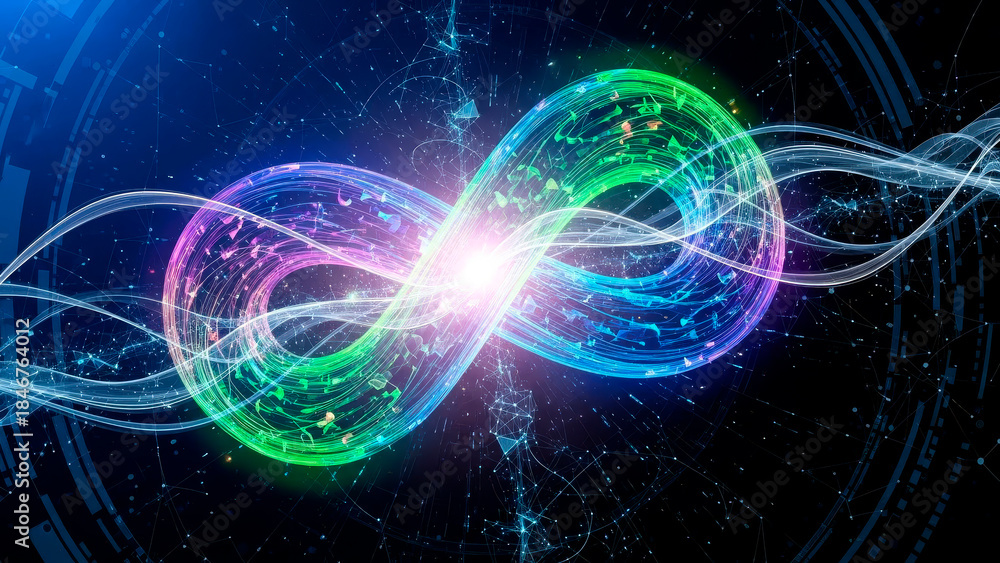 Obraz premium Digital infinity symbol with vibrant glowing lines and network connections