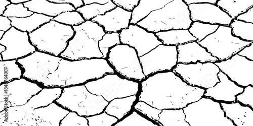 High-resolution black and white cracked dry earth texture, natural drought soil pattern with deep fissures, abstract background symbolizing climate change, arid land, desert surface, and environmental