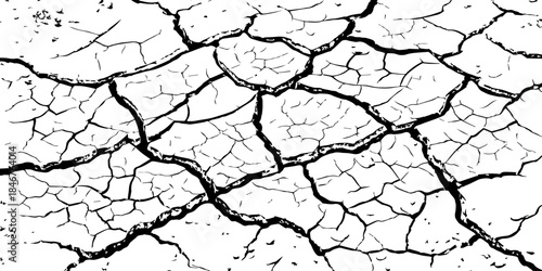 High-resolution black and white cracked dry earth texture, natural drought soil pattern with deep fissures, abstract background symbolizing climate change, arid land, desert surface, and environmental