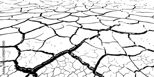 High-resolution black and white cracked dry earth texture, natural drought soil pattern with deep fissures, abstract background symbolizing climate change, arid land, desert surface, and environmental