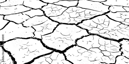 High-resolution black and white cracked dry earth texture, natural drought soil pattern with deep fissures, abstract background symbolizing climate change, arid land, desert surface, and environmental