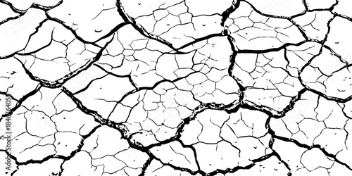 High-resolution black and white cracked dry earth texture, natural drought soil pattern with deep fissures, abstract background symbolizing climate change, arid land, desert surface, and environmental