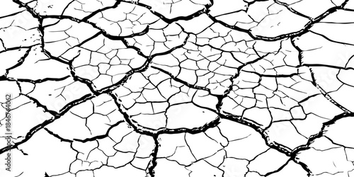 High-resolution black and white cracked dry earth texture, natural drought soil pattern with deep fissures, abstract background symbolizing climate change, arid land, desert surface, and environmental