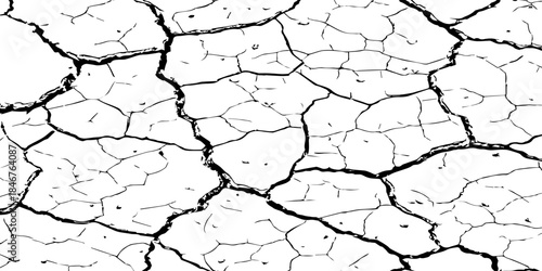 High-resolution black and white cracked dry earth texture, natural drought soil pattern with deep fissures, abstract background symbolizing climate change, arid land, desert surface, and environmental