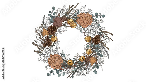 Hand-drawn winter holiday wreath with natural elements and jingle bells.