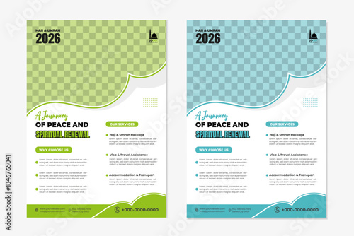 Modern a4 olive green and blue hajj and umrah travel flyer template 2026 for Islamic pilgrimage tour, religious travel agency promotion, clean professional poster design