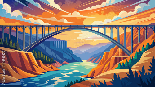 Very beautiful iconic bridge spanning the majestic New River Gorge, soaring structure above deep canyon, dramatic scale, and bold composition illustrated in vector style.