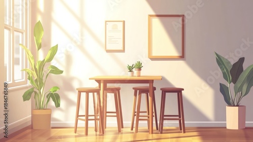 Indoor room with plants, wooden table, stools and wall decor in bright daylight
