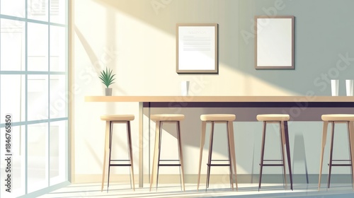 Bar area with stools, frames on wall, sunlight streaming through window, empty interior