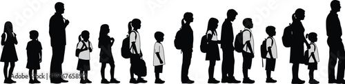 Vector set of diverse students and parents silhouettes standing in line with backpacks, depicting children going to school, education, and back to school graphics, isolated on white background.