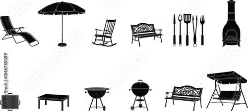 Vector set of black silhouettes featuring outdoor furniture and BBQ tools, including parasol, lounge chair, grill, bench, and rocking chair, ideal for backyard, patio, and summer design graphics.