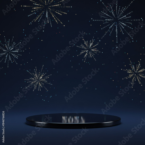 Festive Stage: A dark stage under fireworks in the night sky. The platform is ready for the special event. 