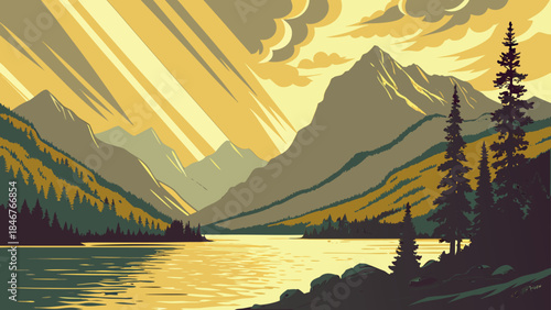 Stylized Vector Illustration of Mountain Lake Landscape with Dramatic Sunbeams and Forest Shoreline