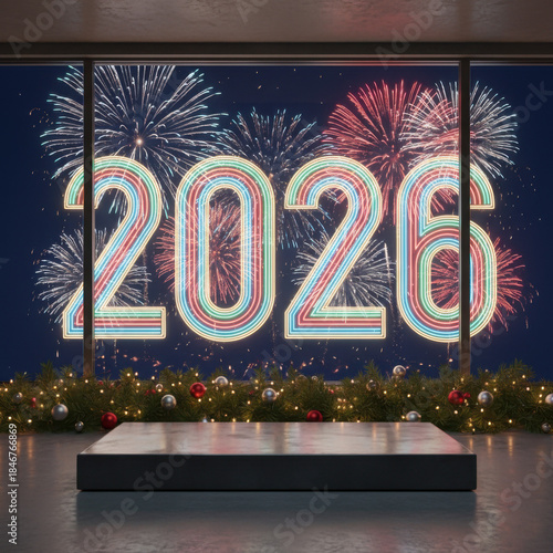 New Year's Eve 2026 Celebration: A vibrant display of festive fireworks illuminate the night sky as the year 2026 is heralded in through the window, celebrating new year events. 