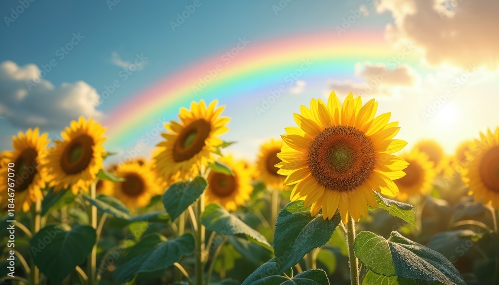 Fototapeta premium Field of sunflowers under bright rainbow and sun. Golden flowers bloom with green leaves. Blue sky with clouds above. Peaceful summer nature landscape.
