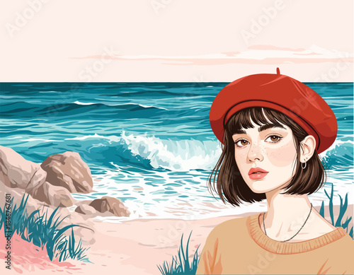 055-11-Young woman with red beret enjoying a peaceful coastal scene with crashing waves