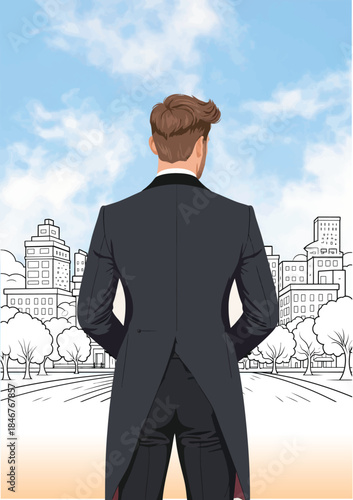 055-13-Man in formal tailcoat suit standing with back to viewer, watching the city skyline