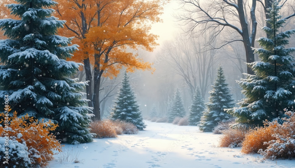 Naklejka premium Snow falls on a park path with evergreen and deciduous trees. Orange foliage contrasts with white snow on branches and ground. Winter season begins with soft light.