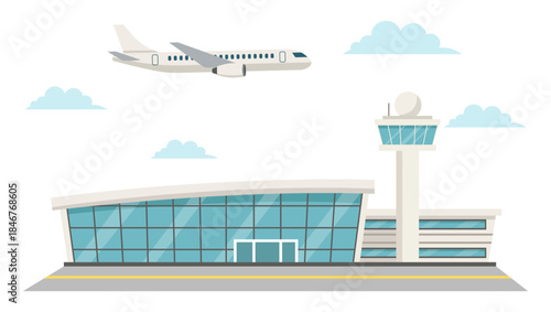Airport terminal building with control tower. Ideal for travel themes, transportation materials, tourist infographics, city infrastructure designs, and map elements.