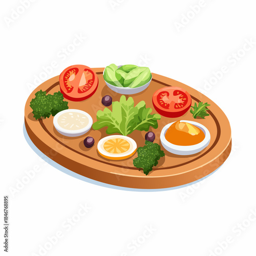 Wooden serving board with fresh vegetables and tomato slices