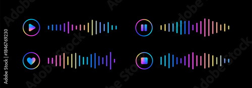 Neon audio waveform UI elements set with play, pause, like and app icons on black background. Colorful sound equalizer bars for music player interface, streaming apps, podcasts and digital media desig