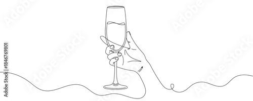 Line art illustration of a hand holding a glass of wine or champagne. Minimalistic style, symbolizing a festive occasion. Vector illustration.