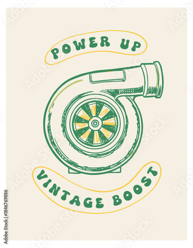 Power Up Vintage Boost. Retro Turbocharger Sketch. Pixel Art Car Part Icon. Hand Drawn Automotive Art. Tuner and Racing Graphic.