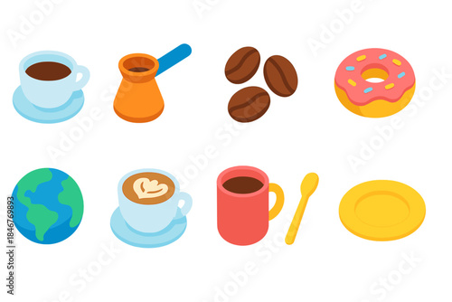 Coffee and breakfast icon set. Morning beverage and pastry icons in flat style
