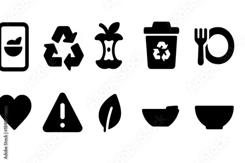 Eco friendly solid silhouette icon set. Sustainable living, recycling, zero waste icons