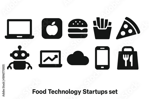 Food technology solid icon set. Tech startups and culinary innovations icons collection