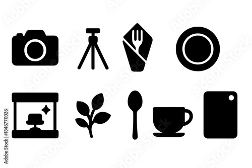 Photography and dining solid icon set. Camera, tripod, dining icons solid collection.