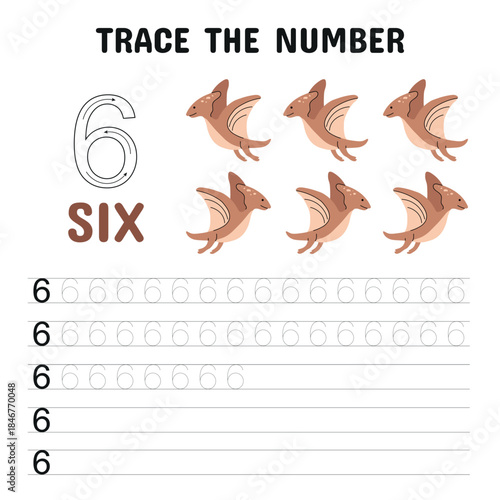 Dinosaur Number 6 Tracing Practice Sheet for Children