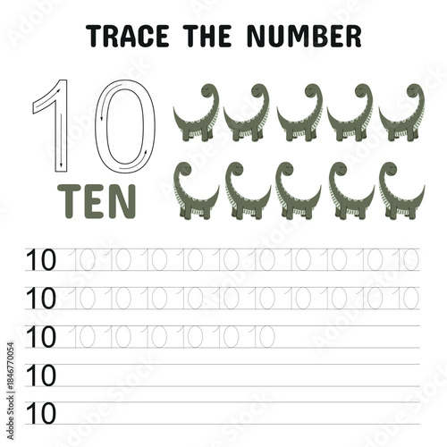 Fun and educational number 10 tracing worksheet with cute green dinosaurs.