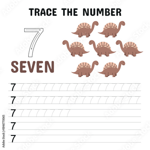 Number 7 Tracing Worksheet with Dinosaur Theme