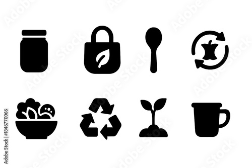 Eco-friendly, sustainable solid icon set. Recycling, planting, and green lifestyle icons