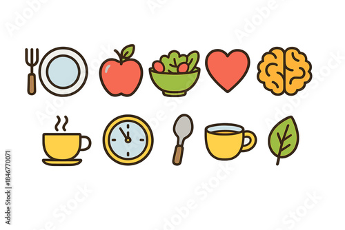 Healthy food and lifestyle flat icon set for wellness and nutrition