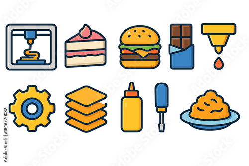 Food and 3d printing icon set. Colorful 3d icons collection for cuisine and tech