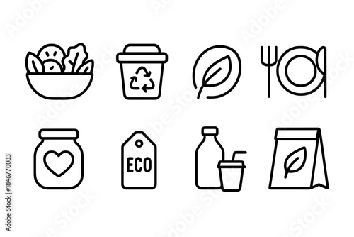 Eco-friendly dining icon set. Organic, recycle, green outline icons collection