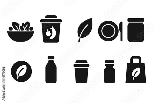 Eco-friendly, sustainable solid icon set: recycling, green products, environment icons