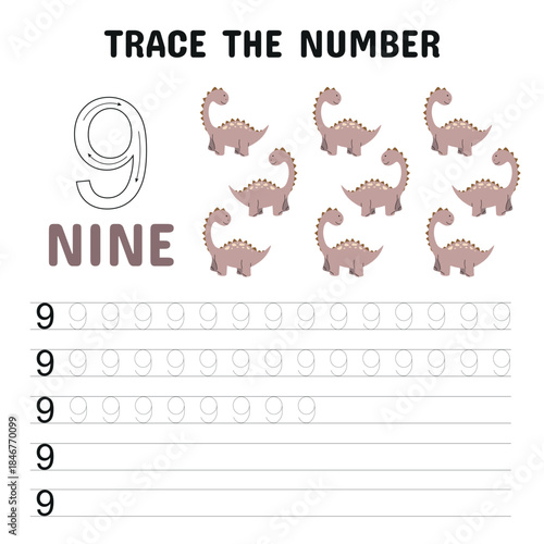 Engaging number 9 tracing worksheet featuring cute dinosaurs. This printable is ideal for preschool and kindergarten kids to practice number formation, counting, and early handwriting skills.