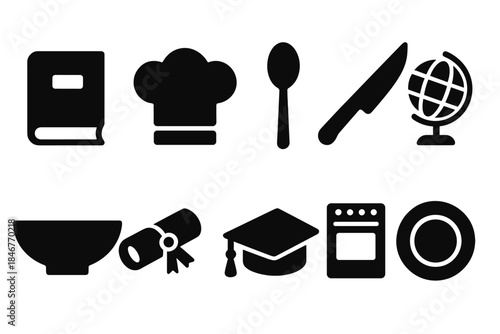 Education and cuisine silhouette icon set. School and cooking tool silhouettes collection