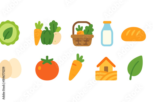 Organic farming flat icon set. Vegetables, produce, farm life icons flat collection