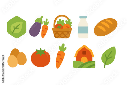 Grocery and agriculture flat icon set. Fresh produce, dairy, farming symbols illustrated.