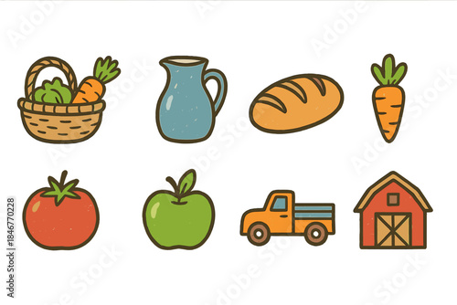 Farm, agriculture icon set. Harvest, farm life icons in flat style