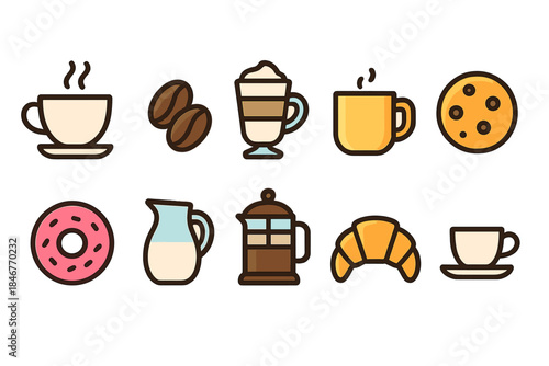 Coffee and bakery flat icon set: cups, croissants, donuts, and more