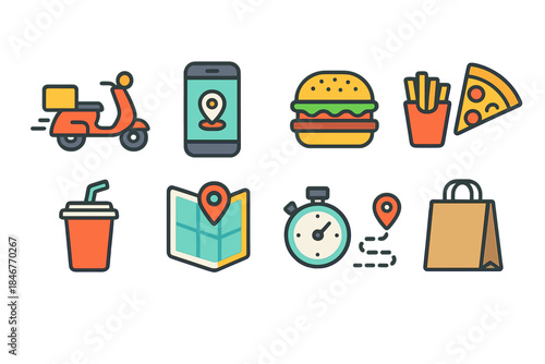 Food delivery flat icon set. Fast food, delivery app, location icons flat collection
