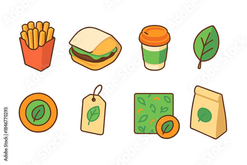 “Organic food and drink flat icon set for healthy eating and eco-friendly products”