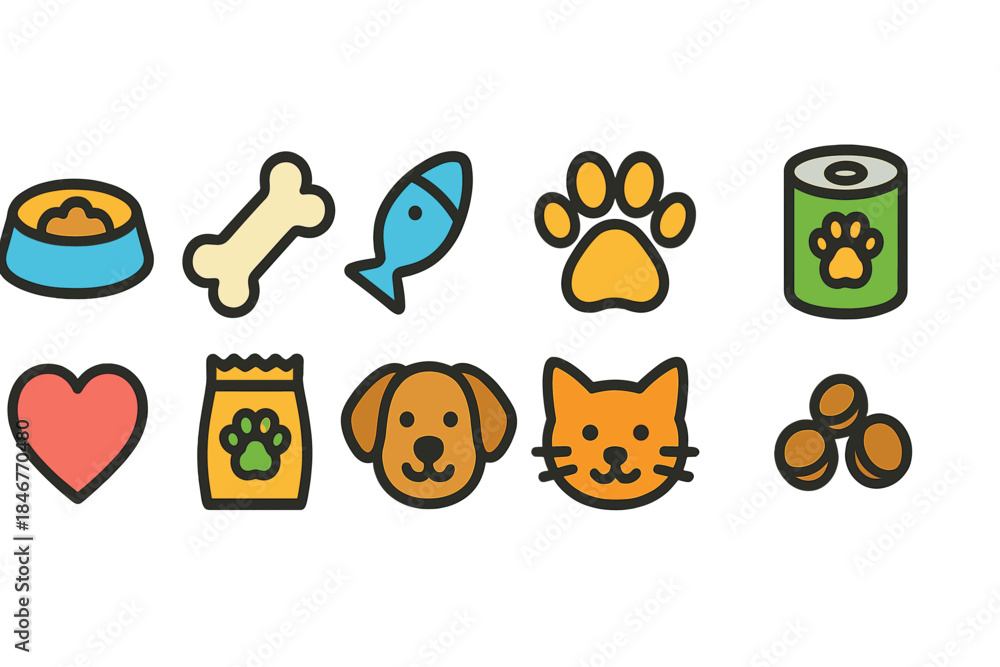 Fototapeta premium Pet care, veterinary flat icon set. Animal nutrition, health, grooming symbols collection